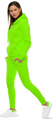 OZONEE Damen 2-Teilig Set Kapuzenpullover + Jogginghose Jogginganzug Sweatjacke Trainingshose Trainingsanzug Sportanzug Freizeitanzug Sport Anzug Tracksuit Fitnessanzug SET/CKW02/31 GRÜN-NEON M