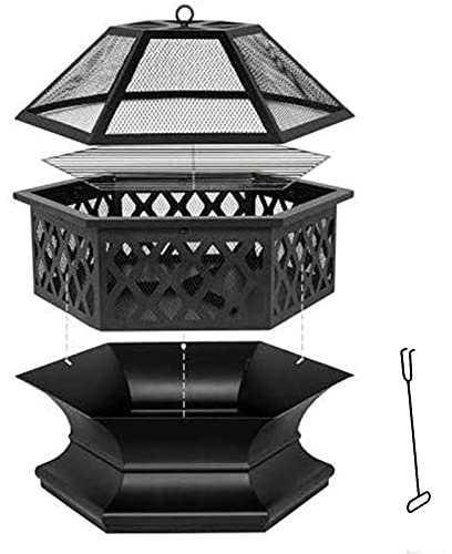 LDIW Feuerschale Hex Metall Feuerschale Kamin und Grill inkl Grillrost zur Nutzung Schürhaken Multifunktional Fire Pit für Heizung/BBQ