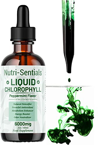Liquid Chlorophyll Drops for Water 6000mg High Strength, Peppermint Flavour Chlorophyll Drink, Natural Detox & Cleanse, Energy Booster, Antioxidant Support, 60ml 60 Servings Vegan Supplement