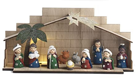 PABEN Set Presepe Bambino con Capanna 26 Cm. 10 Soggetti in Resina e Legno con Luce