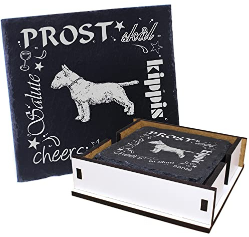 5X Schiefer Untersetzer - Prost Bullterrier - inkl. Holzbox & Flaschenuntersetzer Deko Glasuntersetzer Tassenuntersetzer