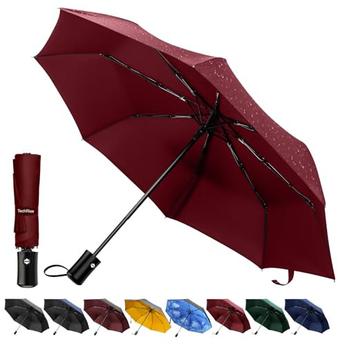 TechRise Regenschirm, klassisch, winddicht, automatisch, zusammenklappbar, kompakt, mit einem Knopf, automatisches Öffnen und Schließen, rot