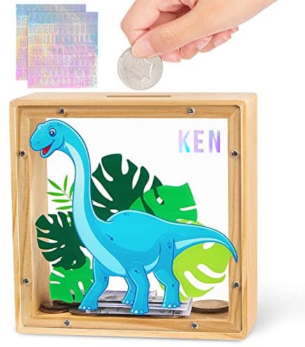 MHJY Money Box for Kids, Wooden Dinosaur Piggy Banks for Boys Girls Cartoon Money Jar Coin Bank with DIY Alphabet Stickers