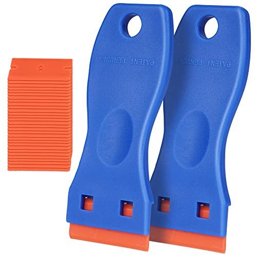 Flintronic Schaber, Mini Kunststoff Schaber mit 30 Kunststoff Klingen, Plastikspachtel, Plastik schaber für Klebereste Entferner, klebstoffentferner, Gadom Kochfeld Kratzer, Kleberentferner, Blau