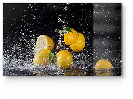 DEQORI Frühstücksbrett Glas | klein 23x14 cm | Motiv Zitronen und Wasserperlen | Design Schneidebrett für Küche | Frühstücksbrettchen antibakteriell & rutschfest | Glasplatte & Servierplatte