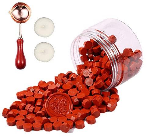 Comealltime Juego de 248 piezas de cera de lacre, sistema de color macarón, cuentas octogonales con 2 velas de té y 1 cuchara de fusión, barniz para sellos de cera (rojo marrón)