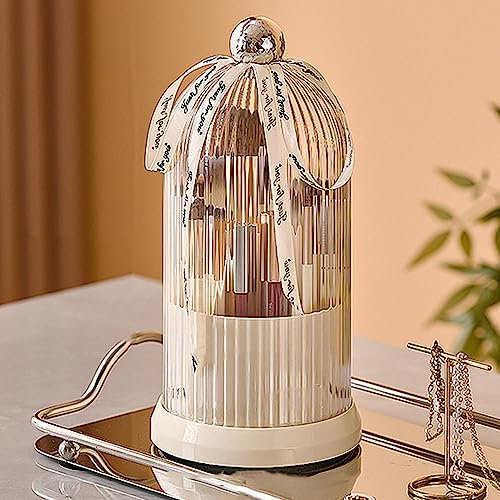 Ezebesta Make-up-Pinselhalter, um 360 Grad drehbar, Organizer mit transparentem Deckel, staubdicht, Make-up-Pinselbehälter für Schminktisch, mit niedlichem Band, Weiß