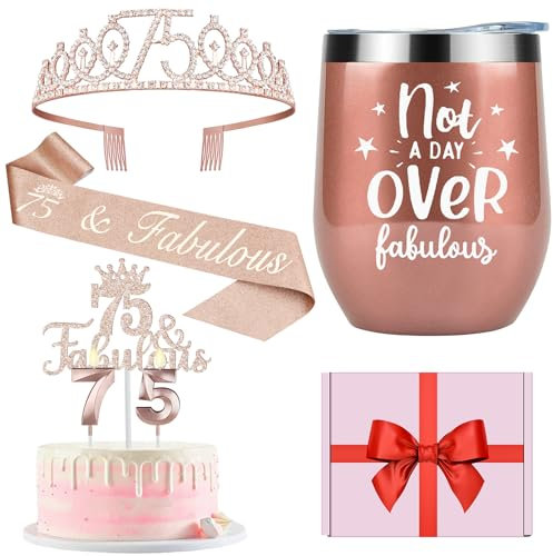 75th Birthday Decorations for Women Including Crown, Sash, Cake Topper, Candles and 12oz Wine Tumbler with Lid, 75th Birthday Gifts for Women