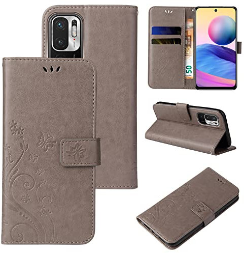 LBH Étui de protection pour téléphone portable Xiaomi Redmi Note 10 5G - Motif papillon, fleurs et fleurs - Fonction support - Fermeture magnétique - Protection complète à 360 ° - Gris