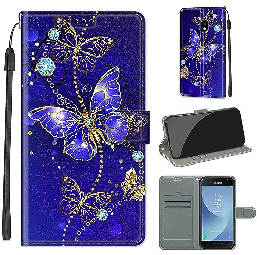 Handyhülle für Samsung Galaxy J3 (2017) Hülle, Blauer Schmetterling | Standfunktion, Kartenfach, Magnetisch, Stoßfeste Schutzhülle, Flip Leder, Klapphülle