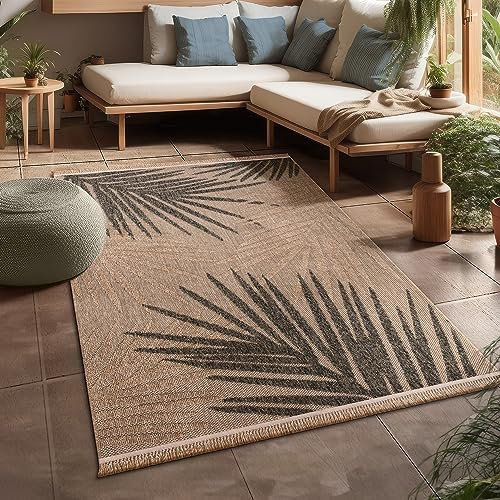 Paco Home Hochwertiger Outdoor Teppich Wetterfest & Pflegeleicht Jute-Sisal-Optik mit Fransen & Hoch-Tief-Effekt Langlebig für Terrasse, Balkon, Garten & Küche, Grösse:200x280 cm, Farbe:Beige 2