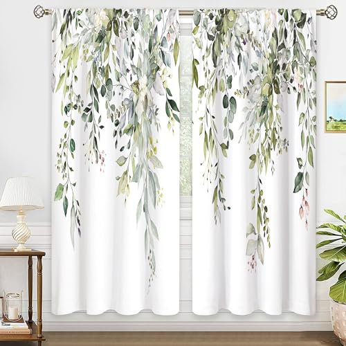 oolygoo Fenstervorhänge, salbeigrüne Eukalyptusblätter, florales Motiv, Aquarell, Blumen, botanisches Muster, Pflanze, Wildblume, Landhausstil-Vorhang, Vorhänge für Schlafzimmer, Wohnzimmer