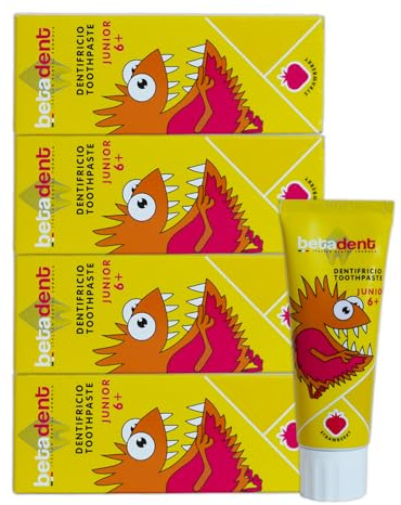 BETADENT Set mit 4 Zahnheilmitteln Junior 6+ für Kinder ab 6 Jahren. Natürliche Formulierung, Anti-Plaque- und Antikariesalze. Ausgewogene Dosierung von Fluorsalz bei einer Konzentration von 950 ppm