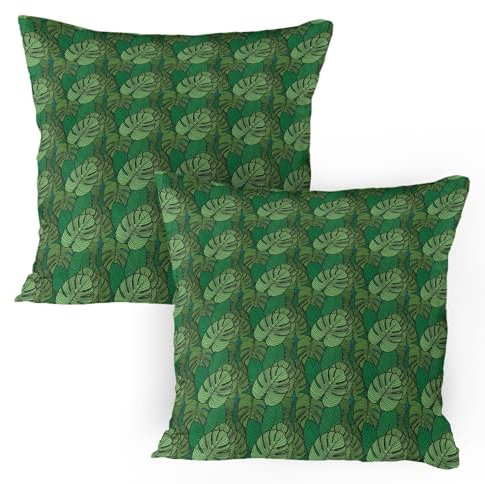 ABAKUHAUS Philodendron Kissenbezug Packung mit 2, Tropical Monstera Blätter Zeichnung in dunklen Tönen, Dekorativer Standard Gedruckter Kissenbezug, 80 x 80 cm, Jadegrün Farngrün