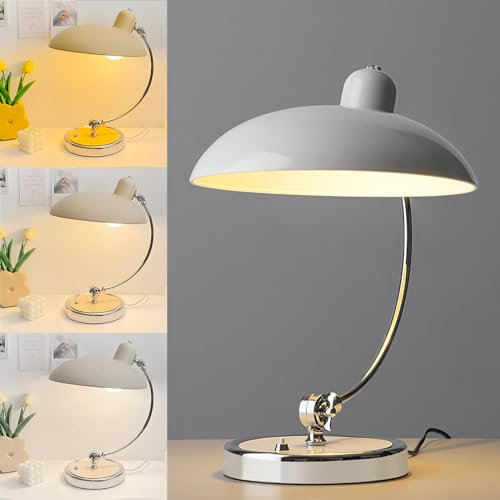 LOGT Tischlampe mit Stecker und Schalter Retro Tischleuchte mit Verstellbarem Arm Metall Nachttischlampe mit Kabel E27 Vintage Leselampe Nachtlicht 3000K/4500K/6000K für Schlafzimmer Wohnzimmer,Weiß