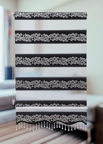 PlisseeOnline Doppelrollo Klemmfix ohne Bohren Schwarz Silber mit Muster und Perlen Duo Rollo für Fenster und Türen Plissee Rollo Gardine 120 x 150 cm Blickdicht Klemmrollo mit Perlen Seitenzugrollo