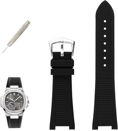 XIW Ersatz-Gummi-Uhrenarmband für Herren, kompatibel mit Patek Philippe Nautilus PP 5711, 1A010, 5712, 5712G, 5726, 5980, 25 mm x 13 mm, Gummi-Uhrenarmband, Schwarz