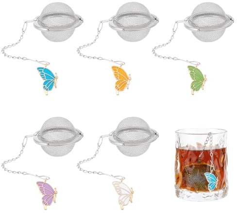 UNICRAFTALE 5Pcs 5 Couleurs Filtre Infuseur Passe Boule Infuseurs à Thé Acier Inoxydable Pendentif Papillon Boule à Thé Passoire à thé avec Chaîne pour Infuser du Thé en Vrac