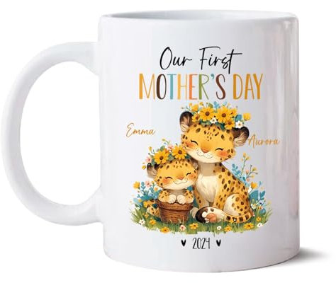 Tazas para la nueva mamá, mamá y bebé, taza de café de leopardo, taza de cerámica personalizada para mamá y bebé, tazas personalizadas para el primer día de la madre, regalo de leopardo para los