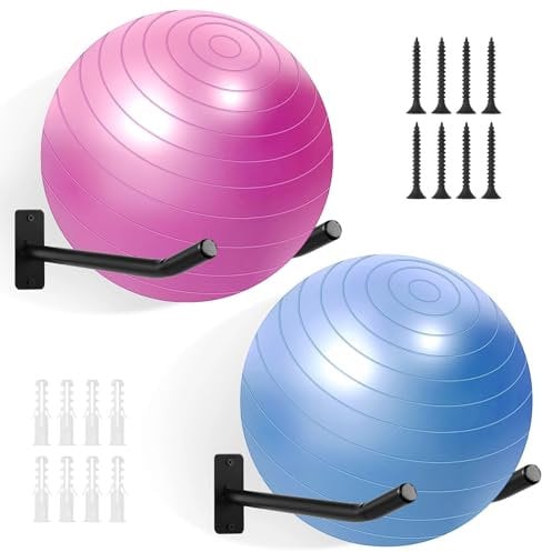 TIMCORR Medicine Ball Rack, 2 Pairs Yoga Ball Racks, Exercise Ball Wall Holder, Fitness Ball Wall Rack for Gym, Garage Ladder Wall Mount, Metal Storage Wall Rack for Basketballs, Volleyballs