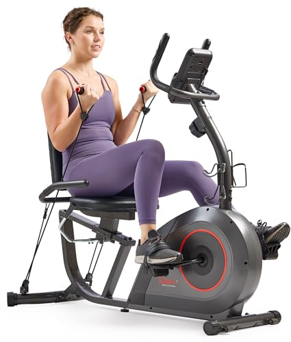 Sunny Health & Fitness Smart Recumbent Bike w/Workout Bands, 300LB Capacity Compact Equipment for Indoor Full-Body Exercise, Adjustable Cushion Seat for Seniors Home Cardio Training, Free SunnyFit App