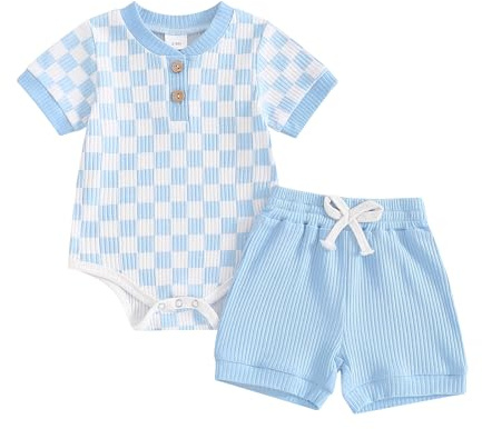 PanLidapan Newborn Baby Boys Summer Bodysuit Outfit Checkerboard Short Sleeve Romper Set Elastic Waist Drawstring Shorts 2Pcs Clothes Set (Sky Blue, 12-18 Months)