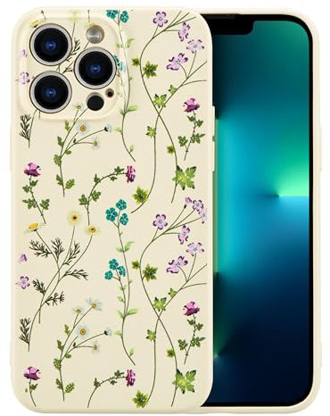 RALEAVO Blumen Handyhülle für iPhone 13 Pro, Hochwertiges Flüssig Silikon Stoßfeste Schutzhülle mit niedlichen Blumenmustern, Ultra Dünn mit Microfiber Matt Hülle für iPhone 13 Pro-Beige