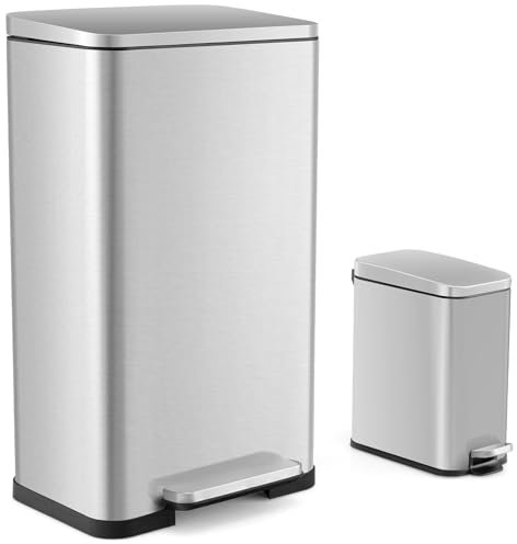 TANGZON 40L and 6L Recycling Pedal Bin Combo Set, Stainless Steel Double Kitchen Bin with Plastic Inner Buckets, Stay-Open Soft Closure Lids & Handles, Fingerprint Proof Airtight Waste Trash Can