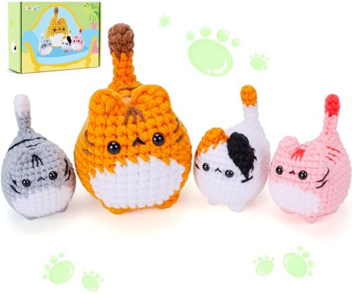 Häkelset für Anfänger, 4-teiliges Katzen-Häkelset für Erwachsene, Häkel-Starter-Set mit Schritt-für-Schritt-Video-Tutorials, Häkeltier-Kits, DIY-Bastelstrickset, Häkelset für Erwachsene