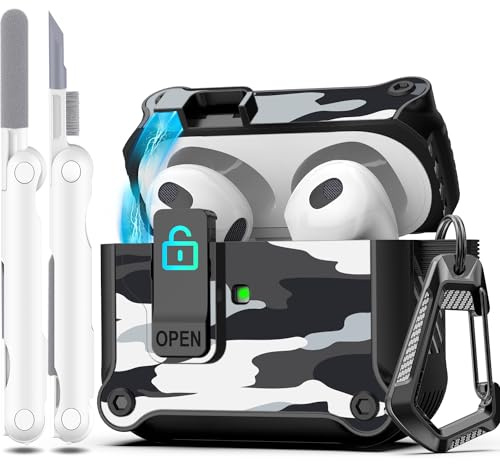 R-fun Kompatibel mit AirPods 3 Generation hülle Case Cover 2021, automatisches Pop-Up-Deckel-Design für Apple Airpod 3 Gen Hülle mit Reinigungsset und Schlüsselanhänger, Schneetarnung