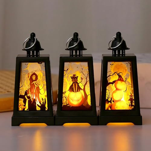 Halloween Deko LED Kerzenlaterne, Halloween Laterne Deko Windlicht, Hängende Halloween Laternen mit LED Kerzen, Halloween Lampe Deko Kürbis Laterne für Indoor Outdoor Halloween Dekoration (3 Stück)