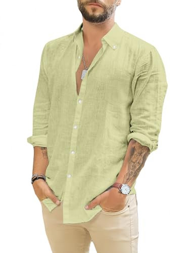 TARAINYA Camicia Lino Uomo Cotone Manica Lunga Estiva Casual con Tasche Regular Fit Verde Chiaro L