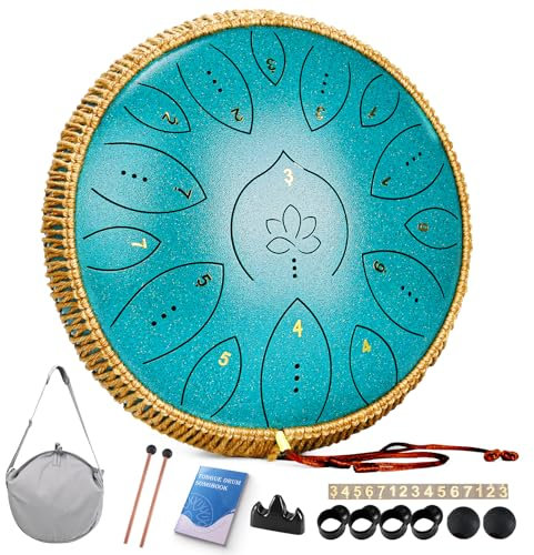 Zungentrommel 13 Zoll 15 Töne, Hand Pan Drums für Erwachsene 440hz, C-Dur Handpan Musikinstrument mit Liederbuch, Schlägeln und Tragetasche, Malachit-Grün