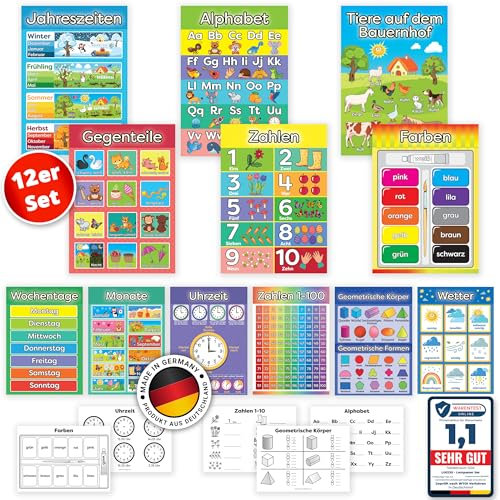 LOGIJO® 12 X pädagogische Montessori Lernposter, Set A3 mit Übungsblättern, Premium Poster Papier seidenmatt, Lerngrundlagen 1 - Alphabet, ABC, Zahlen lernen, Lernhilfe für Kinder zur Einschulung