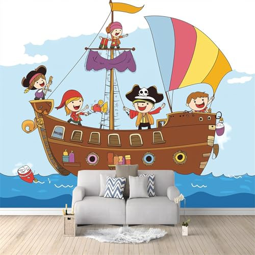 Fototapete Cartoon Piratenschiff Motiv tapeten Blau Wanddeko Tapete 350 x 256 cm Vliestapete moderne Wandbild Schlafzimmer Wohnzimmer Wand Deko tapete