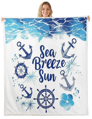 Loussiesd Anker Decor Decke 150x200cm Nautical Themed Couchdecke Ozean Kuscheldecke Weich Abenteuer am Meer Flanell Fleecedecke Zimmer Dekor Blau Weiß Wohndecke