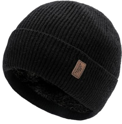 JFAN Beanie Mütze Herren Winter Unisex Wintermütze Strickmütze mit Dickem Warmem Futter Dehnbare Weiche klassisches Wollmütze Warme Fleece Laufmütze Beanie Damen für Winter & Herbst,Schwarz