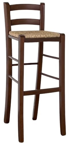 OKAFFAREFATTO MADDALONI Sgabello alto da bar in legno noce scuro h 80 cm con schianale e seduta in paglia