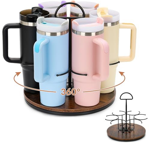 SUNNEKO Rotating Coffee Syrup Organizer Hold 6 Bottles, Wood Coffee Syrup Rack for Countertop, Large Bottle Holder Stand for Bar Station, Turntable Wine Display Tray