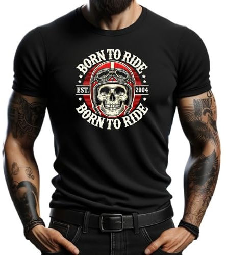 4people Camiseta Negra Born to Ride con Calavera y Casco de Motociclista - Estilo Vintage, 100% Algodón, Ideal para Motociclistas y Amantes de la Velocidad (FR/ES, Letras, L, Regular, Regular, Negro)