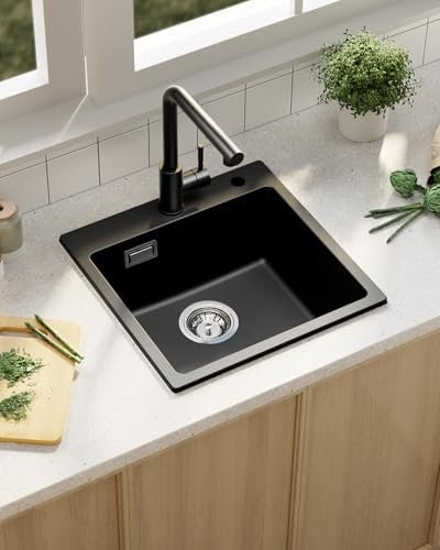 Softiy Lavandino Cucina Granito Nero, Lavello Cucina 1 Vasca 45x45cm, Lavabo Cucina con Sifone, Lavandino Cucina Rettangolare, Lavello da Incasso Con 2 Fori per Rubinetto, Facile da Pulire