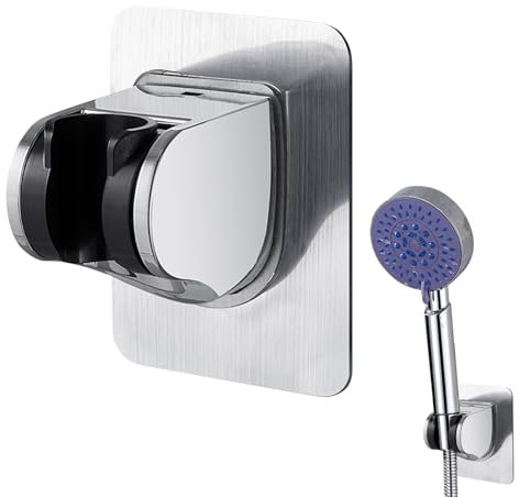 Shower Head Holder, Shower Holder Bracket Strong Adhesive No Drill, Adjustable Universal Shower Head Holder Replacement for Home Hotel Bathroom, Wall Mount, Smooth Tile, Glass, Metal Surface (Silver)