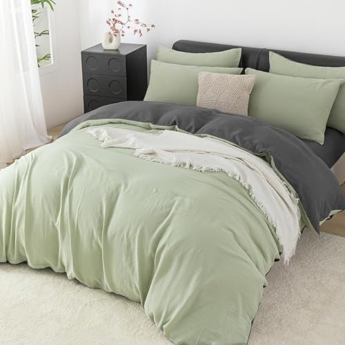 YASMENG Doppelte Muslin Bettwäsche 135x200 Grün Grau Bettwäsche Muslin 100% Baumwolle Bettwäsche Weich Atmungsaktiv Kuschelige Bettbezug Set 2teilig mit Reißverschluss und 80x80 cm Kissenbezug