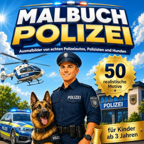 Polizei Malbuch für Kinder ab 3 Jahren – Ausmalbilder von echten Polizeiautos, Polizisten und Polizeihunden: 50 realistische Motive • Große Motive mit dicken Linien • Perfekt für kleine Hände