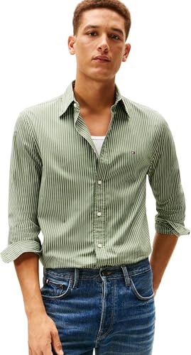 Tommy Hilfiger Herren Hemd Hairline Poplin mit Nadelstreifen, Grün (Mountain Pine/Stripe), XL