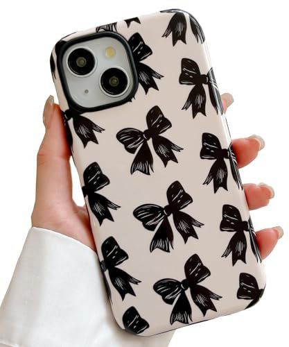 QLTYPRI Case for iPhone 14 Plus/15 Plus, Aesthetic Black Ribbon Bow Phone Case for Girls Women, Protective Hybrid 2-Layer Hard Shell Silicone Cover Durable Shockproof Phone Cover - Beige