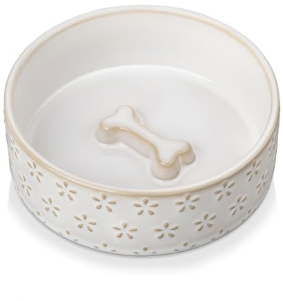 MALACASA Ceramic Dog Food Bowl, 1.5 Cups or 14oz Dog Food Water Dish for Small Breeds, Cats Pet Bowl Dishwasher & Microwave Safe, Five-Leaf Grass, Series Lydia