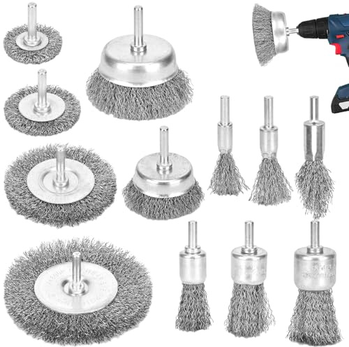 12-Piece Wire Brush Set for Drills Brass-Coated Wire Brushes & Cup Brush Set, 1/4-Inch Shank Wire Brush Brass Brush for Removing Rust, Corrosion