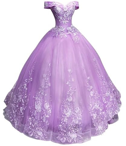 HAIBFJIN Vestidos de quinceañera para mujer, vestido de fiesta de princesa, vestido largo de noche con apliques de encaje, vestidos de noche de tul, Color lila., 50