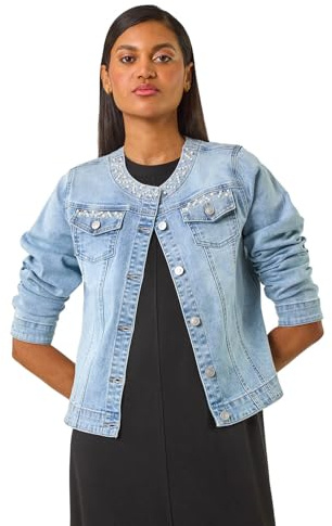Roman Originals Pearl Detail Collarless Jacket for Women UK - Ladies Everyday Holiday Spring Summer Round Neckline Comfy Soft Evening Vacation Work Party - Light Denim - Size 12